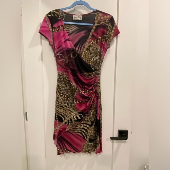 Vintage Joseph Ribkoff Y2K Chains Leopard Print Lettuce Hem Wrap Dress Size M - Picture 4 of 10